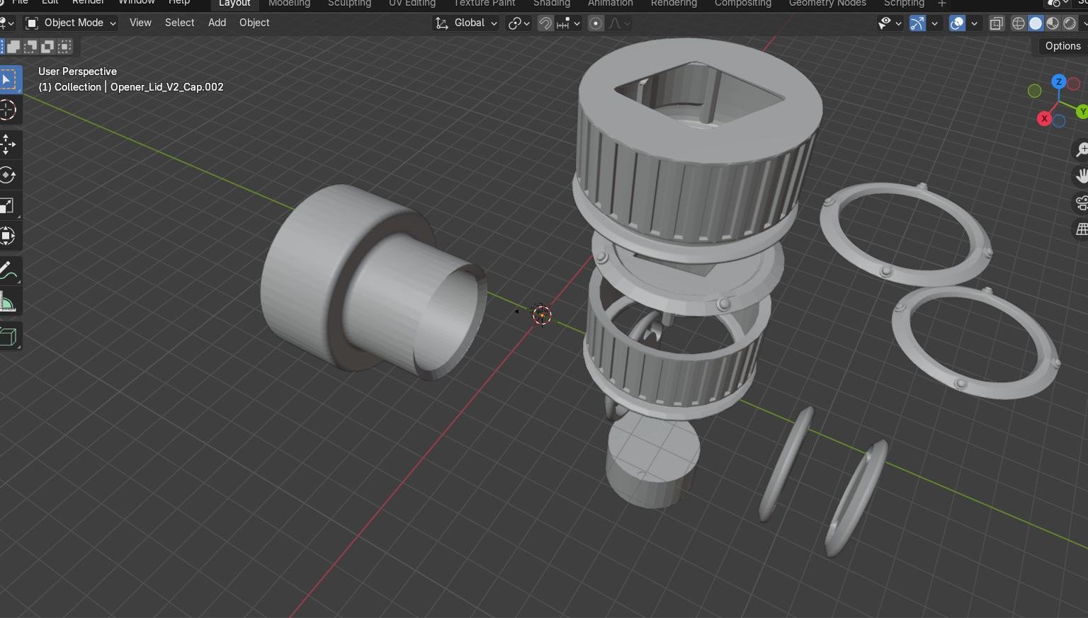 Blender exploded view of the cylinder, cap and rings