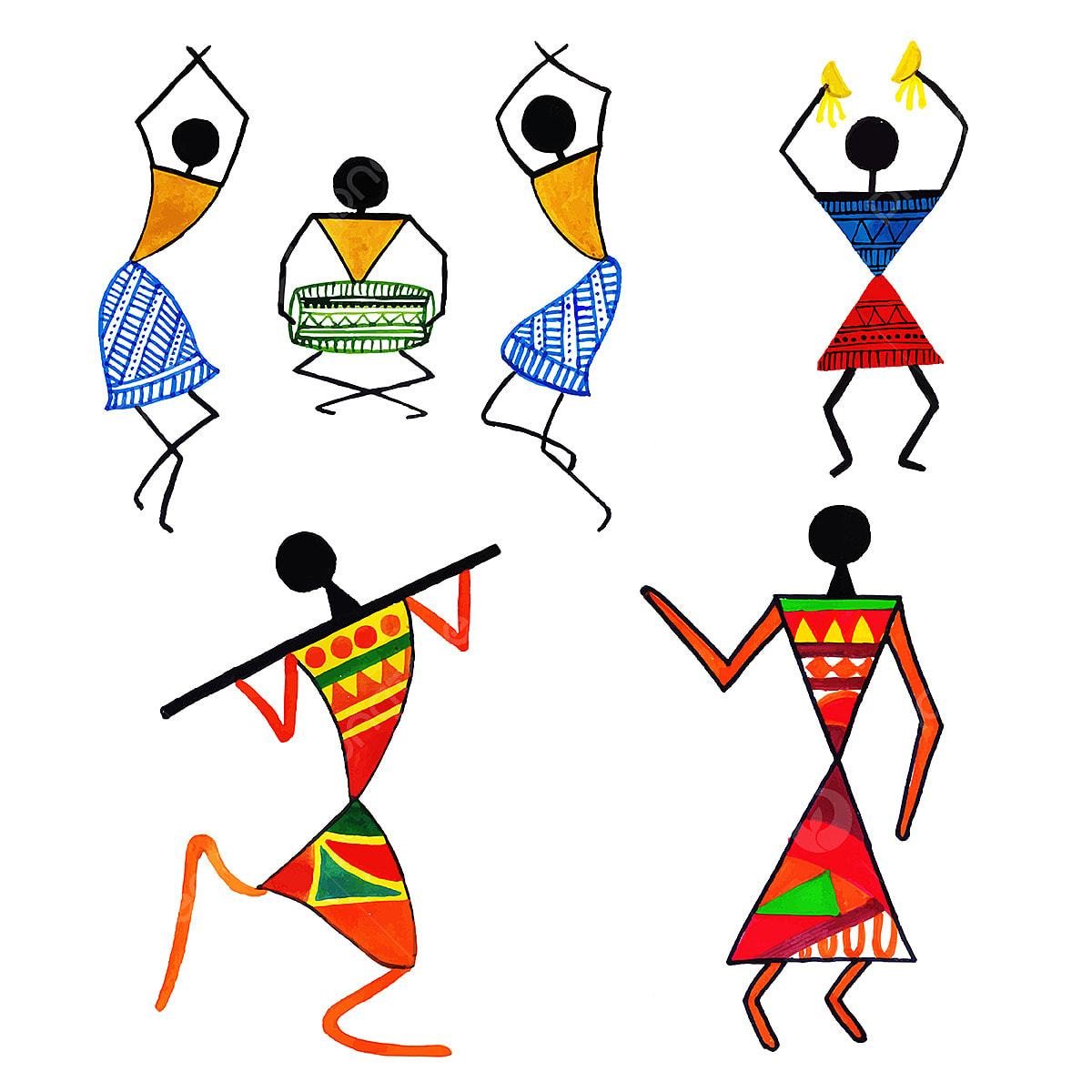 Traditional Worli paintings of dancing and drumming figures made from triangles and circles