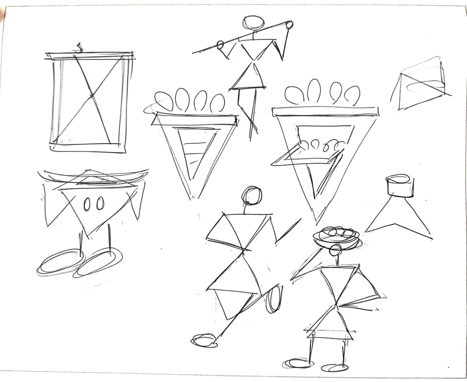 Pencil sketches of figures, drums and objects built from triangles