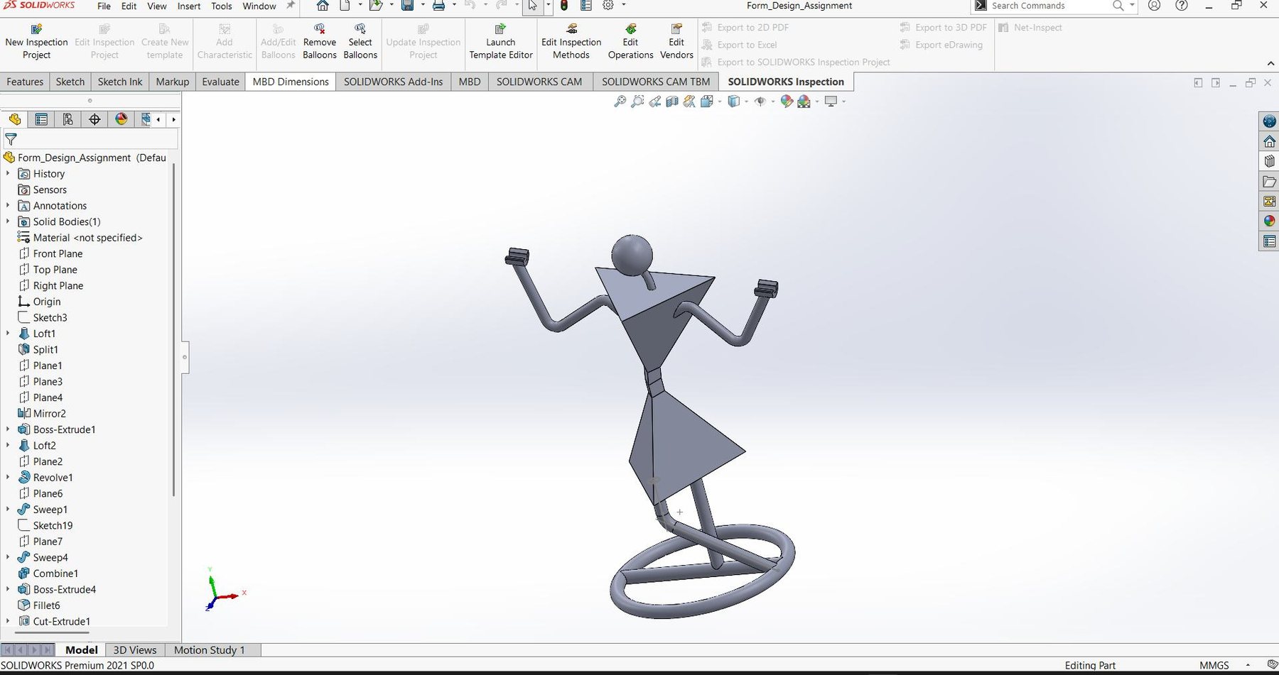 CAD view of the standing figure with raised arms on a ring base