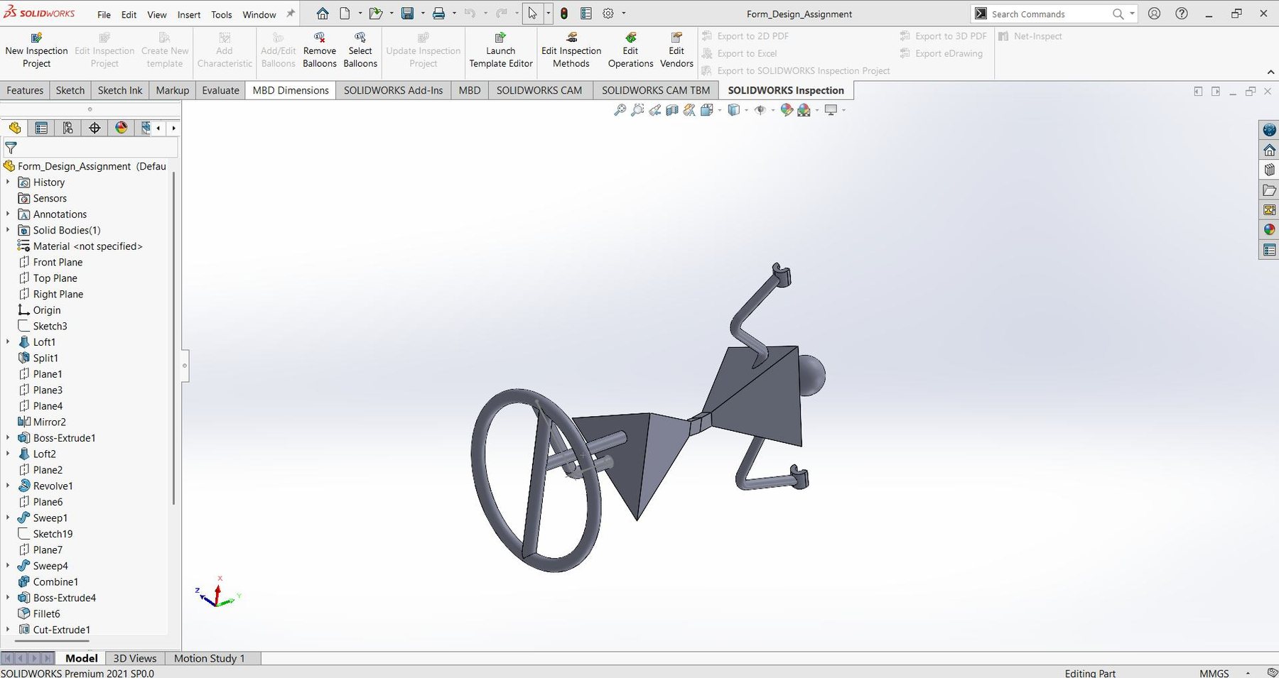 CAD view of the model lying on its side with the ring base