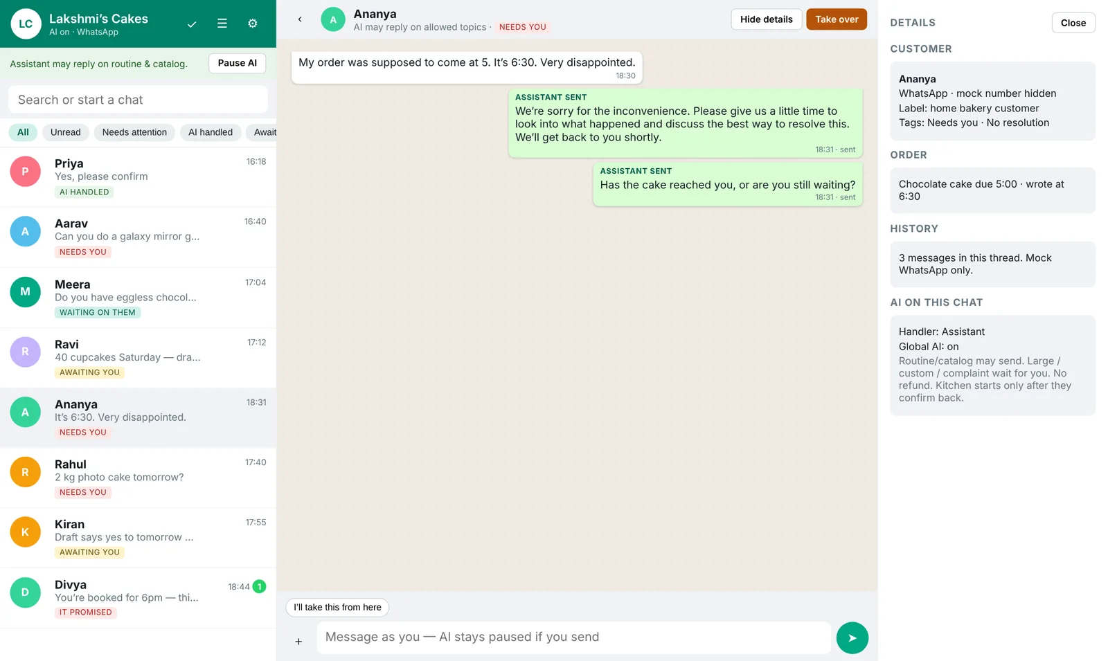 Prototype: Ananya's late-delivery complaint with the assistant's apology line and a question whether the cake has arrived.