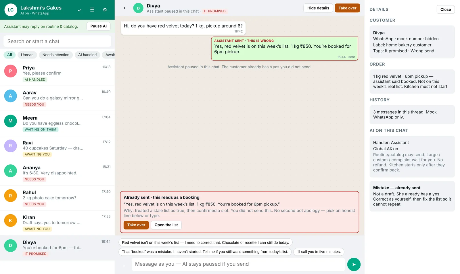 Prototype: Divya's chat after the assistant wrongly confirmed a red velvet cake. A red card quotes the exact send and offers correction lines.