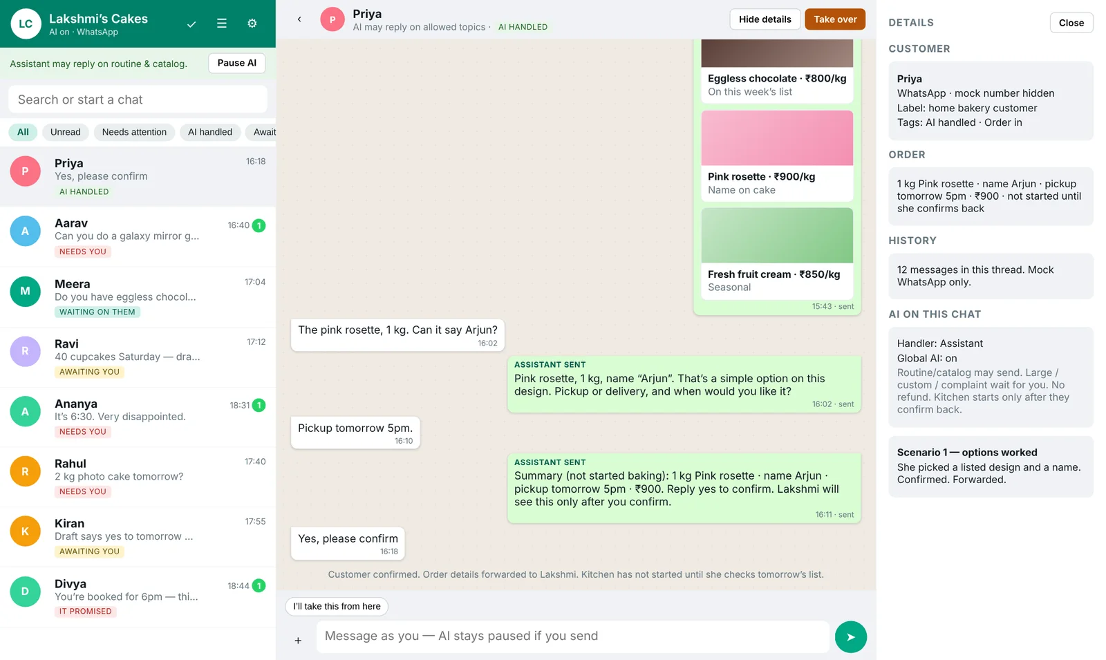 Prototype: Priya's chat where the assistant shows listed cakes with prices, she picks a pink rosette and confirms, and the order is forwarded.