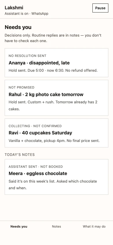 Companion layer home screen listing Needs you items and today's notes.