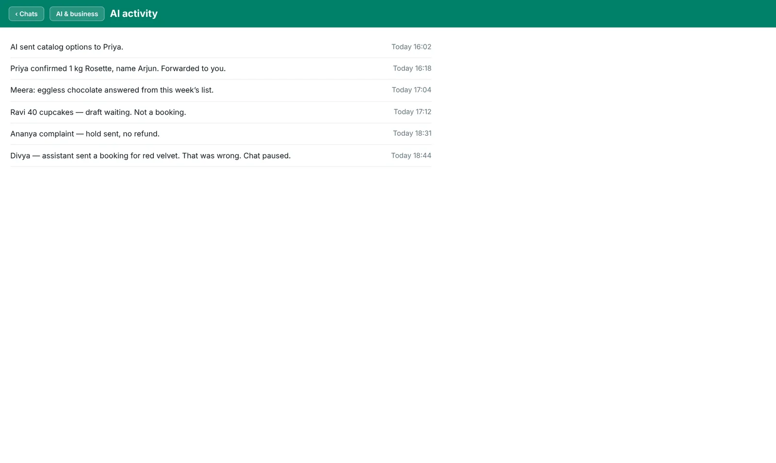 Prototype: AI activity log listing what the assistant sent, held or asked the owner.